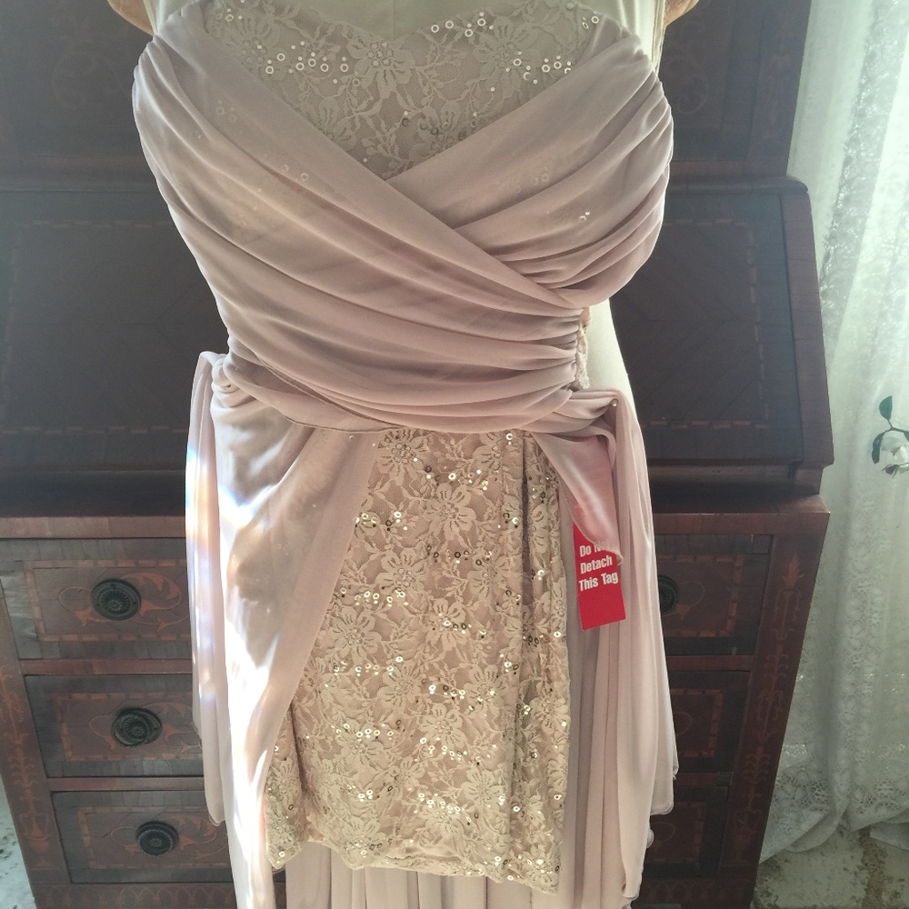 Beige Strapless Sequin Skirt w/Lace Overlay